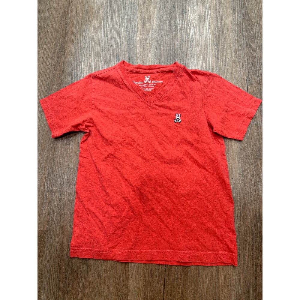 Kids Psycho Bunny Red V-Neck T-Shirt Size L 14 16 Pima‎ Cotton Bunny Logo